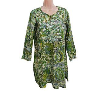 Raj Boho Embroidered Top Tunic Blouse Women Size L Green Floral Cotton